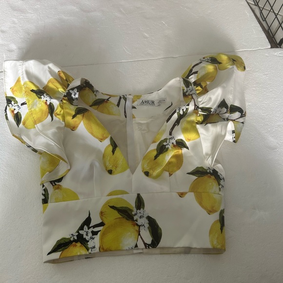 Amur cropped ruffle sleeve lemon print crop top white yellow v neck - Picture 7 of 13